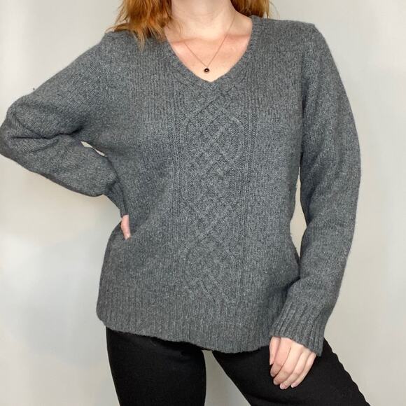 Vintage 90s Eddie Bauer XL Gray Heavy Wool & Angora Cable Knit V Neck Sweater - Picture 1 of 11